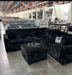 On Sale! 4-Pc Fur-Like Jumbo Black Corduroy Sectional Sofa With Ottoman