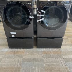Samsung Brushed Stainless Front Load Washer And Dryer Set With Pedestals 