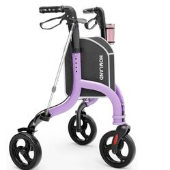 HOMLAND 3 Wheel Walkers for Seniors, Foldable Wheeled Rollator with Cane Hold and Cup Hold, Lightweight Three Wheel Rolling Walker Height Adjustable f