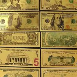 Gold Foil Banknote US (1 -100 Dollars ) Gold Foil Money Set of 8 Bank Notes Commemorative Plastic Ca