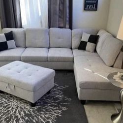 Gray Linen Sectional Couch And Ottoman