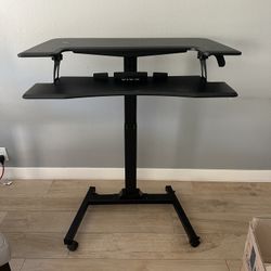 36 inch Pneumatic Height Adjustable 2 Tier Standing Desk with Locking Wheels, Rolling Small Space Compact Workstation, Home Office or School, Black