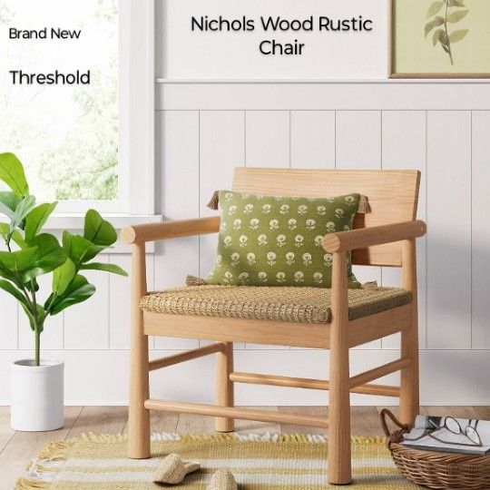 Brand New Threshold Nichols Wood Rustic Chair With Woven Natural Seat