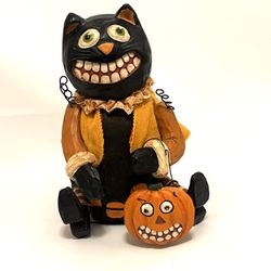 Rare Halloween Black Cat Decoration Grinning Teeth Pumpkin Spooky Art Smile
