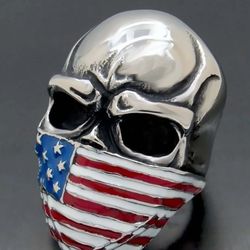 Stainless Steel American Flag Masked Skull Biker Ring Sz 9 New 