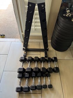 Inspire rubber coated dumbbells 5-30lbs plus rack 210lbs total