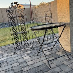 Vintage Iron Plant Stands And Vintage Glass Outdoor Indoor Table 