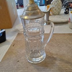 Vintage 10 Inch Glass Beer Stein With Pewter Top