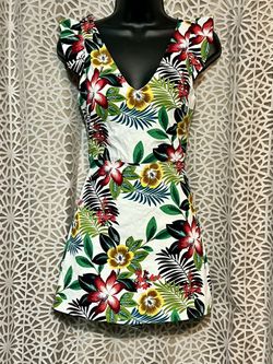 Zara Floral Cutout Mini Romper Dress Size Small Teal Green Pink Tropical Print