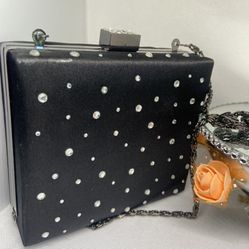 Black Satin Women's Small Crossbody Clamshell Rhinestone Jewel Box Purse Clutch Long Chain