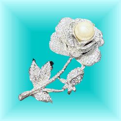 Vintage 2000s Statement Silver Rhinestone Pearl Rose Brooch, NWT, 2x2.75”