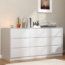  9 Drawer Dresser,62” Wide Chest of Drawer Dresser, Modern Storage Cabinets with Large Wood Drawer for Bedroom, Living Room, Entryway, Office White