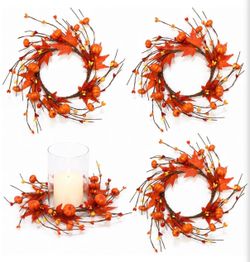 4 Pack Candle Ring Wreath for Table Centerpiece Farmhouse Decor Seasonal Home Decor, Fall & Autumn Theme, Christmas Holiday, Set of 4, Farmhouse Style