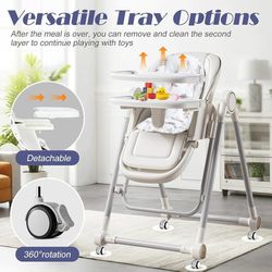 5 in 1 Baby High Chair Swing Combo - Foldable Baby High Chair with Removable Washable Soft Cushion and Tray, Adjustable Height & Recline, Lockable Whe