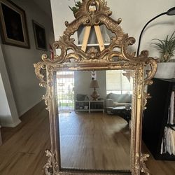Vintage French Rococo Style Gold Pierced Frame Ornate Wall Console Hall Mirror