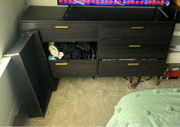 6-Drawer Dark Wood Dresser with Gold Handles