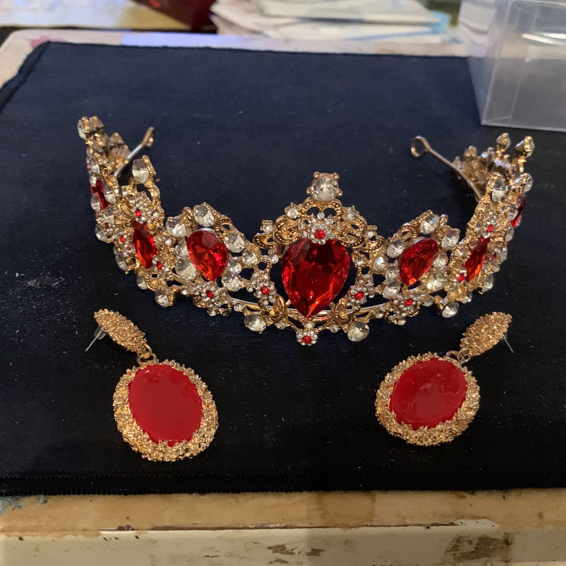 Red Crystal Princess Tiara Rhinestones Like Diamonds With Matching beautiful Earrings. In Its Case New Never Use Pd $139.00 