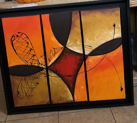 Abstract Triptych Painting in Black Frame