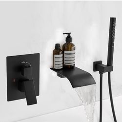 RUMOSE Wall Mount Bathtub Faucet Waterfall Tub Faucet with 2 in 1 Handheld Sprayer Matte Black Modern Bathroom Tub Filler Solid Brass Single Handle Sh