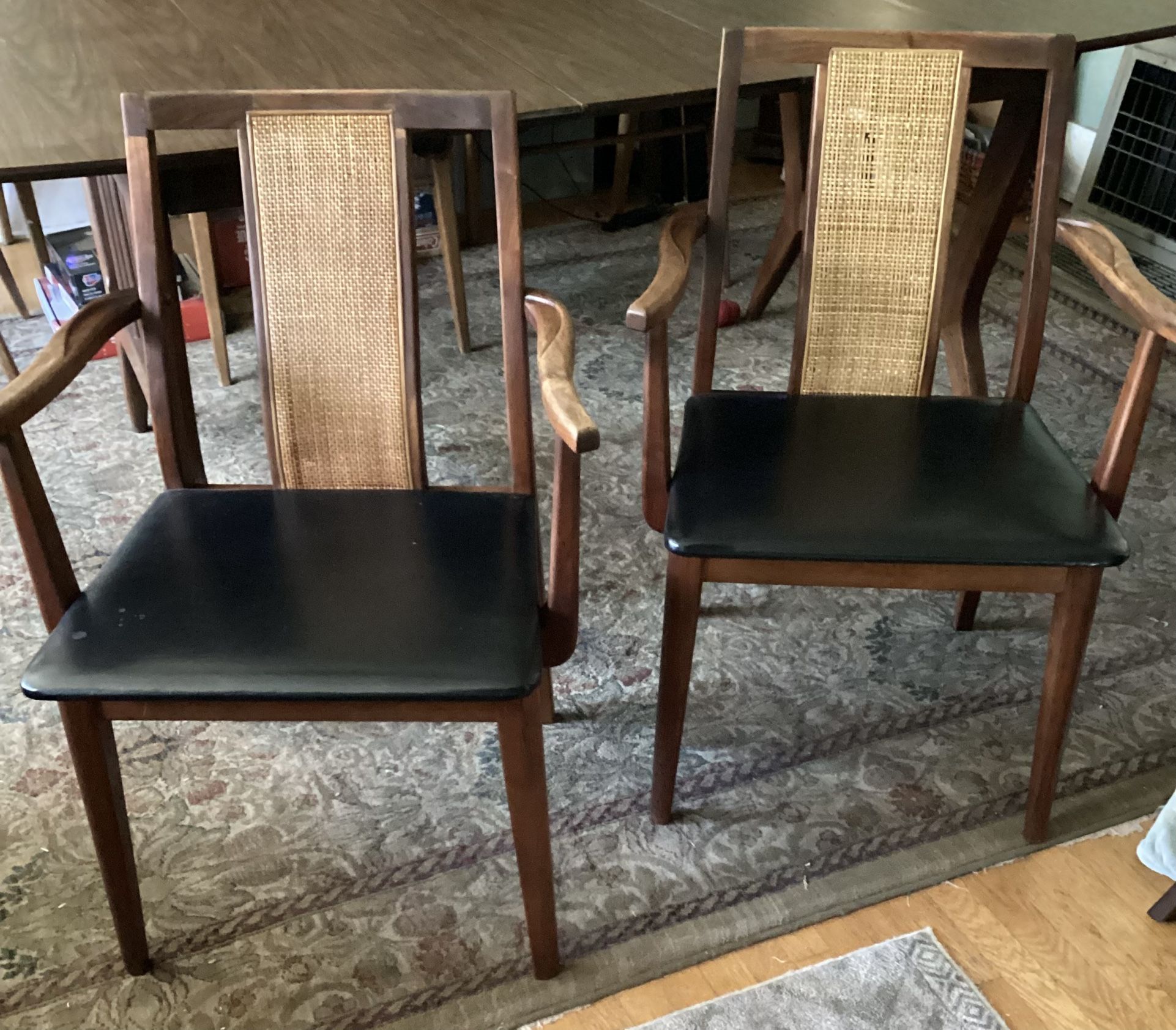 Vintage Hibriten Furniture MCM Walnut Caned Dining Captains Chairs