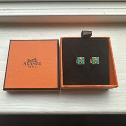 Hermes Stud Square Cube H logo, turquoise, green enamel, pierced post earrings