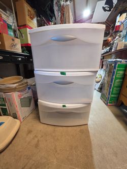 Three Sterilite storage drawers $12 ea
20"w x 18"d x 11"h