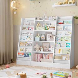 Kids Bookshelf Bookcase with 14 Sling Fabric Shelves, Book and Toy Organizer, B-9