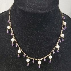 Pre-owned Vintage 14k Gold FW Pearls Amethyst Drops  Necklace