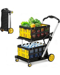 New-8-in-1 Collapsible Shopping Cart, 200LBS Portable Multi Functional Rolling Crate with 2 Storage Cart,Adjustable Handle Folding Grocery Cart on Whe