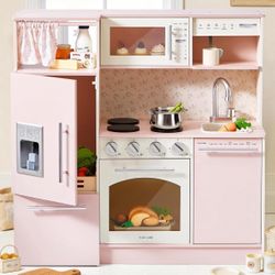 New In Box Tiny Land Play Kitchen for Kids, Upgraded Wooden Kitchen Toy with Complete Play Areas, Pretend Cooking Set with Sink, Stove, Microwave, Toy