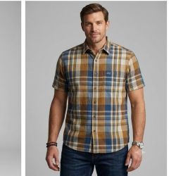 Eddie Bauer Mens Large Plaid Short Sleeve Button Shirt Brown Blue