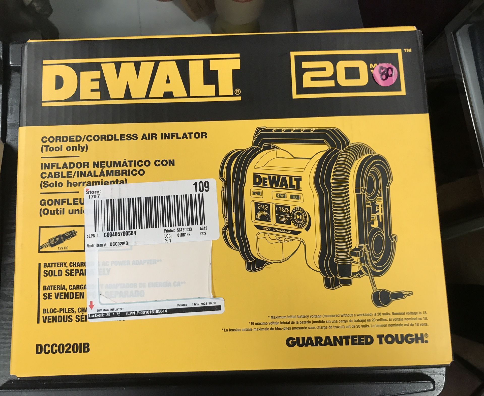 DeWalt  DCD020IB Coerdless Air Inflator