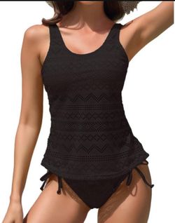 Women Two Piece Lace Tankini Swimsuits Drawstring Side Tummy Control Hollow Out Crochet Bathing Suit with Shorts