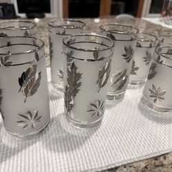 Vintage MCM Set of 9, Libbey Silver Foliage Iced Tea Glasses 5 tall and 4 short