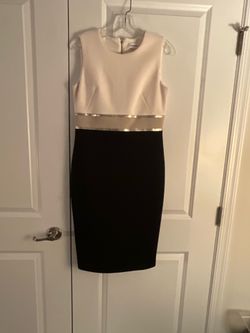 Calvin Klein Cream and Black Sleeveless Sheath Dress with Gold Waistband size 6