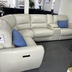 Furniture- 5 Pc Real Leather Sectional With 2 Power Recliners- Danvors