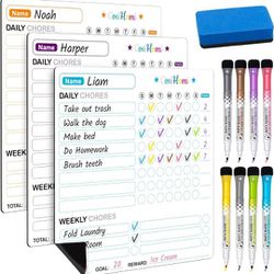 3 piece Chore Chart for Kids, 10x10" Magnetic, Multiple Kids, Daily Reward to-Do Checklist for Refrigerator / 8 Fine Tip Markers/Dry Erase 