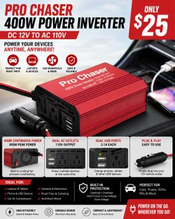 NEW Pro Chaser 400W Power Inverter – 12V DC to 110V AC Car Converter with Dual AC Outlets & Dual USB Ports