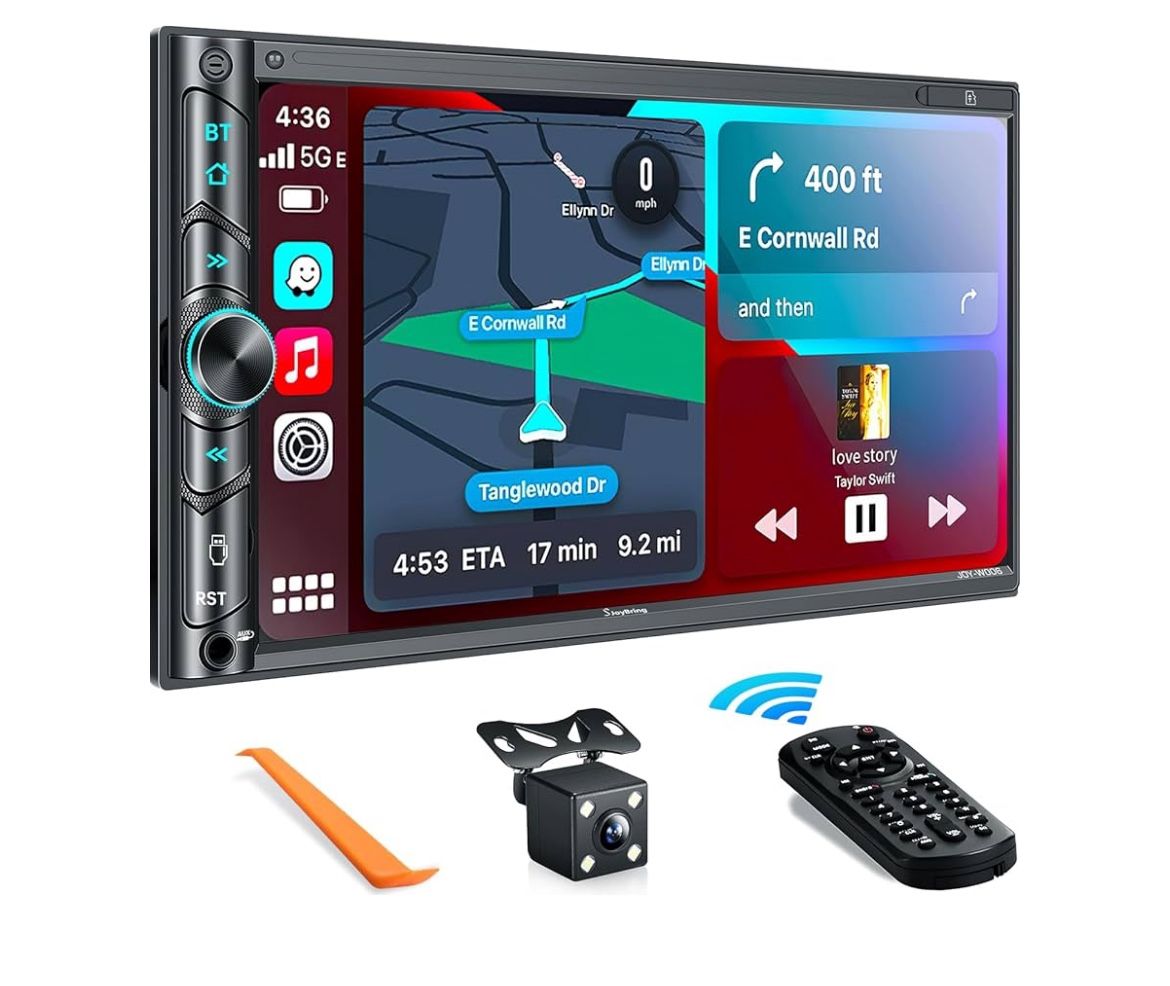 Double Din Car Stereo with Wireless Apple Carplay, Android Auto - 7 Inch HD Touchscreen, Bluetooth, Subw, Steering Wheel, MirrorLink, USB/SD/AM/FM Car