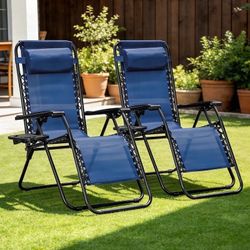 New Zero Gravity Set of 2 Blue Foldable Outdoor Patio Chairs with Removable Cup Holders