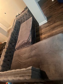 Gray Velvet Tufted small couch with chaise