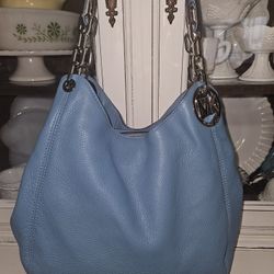 Michael Kors Large Blue Boho Shoulder Bag with Chain and Double Handles

