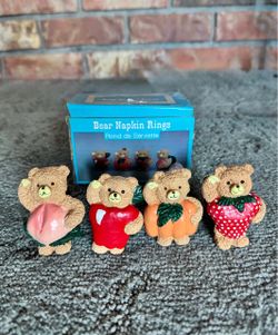Vintage Fruit & Harvest Teddy Bear Napkin Rings Set of 4 - NIB