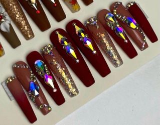 Extra long coffin maroon press on nails rhinestones ombré