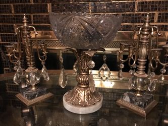 Three-piece glass bowl and two candle holder