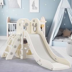 Kids Slide L-Shaped, 5 in 1 Slide Climber for Toddler, with Ball & Hoop, Storage Space and Non-Slip Steps, Indoor Outdoor Baby Playset, Ideal for Boys