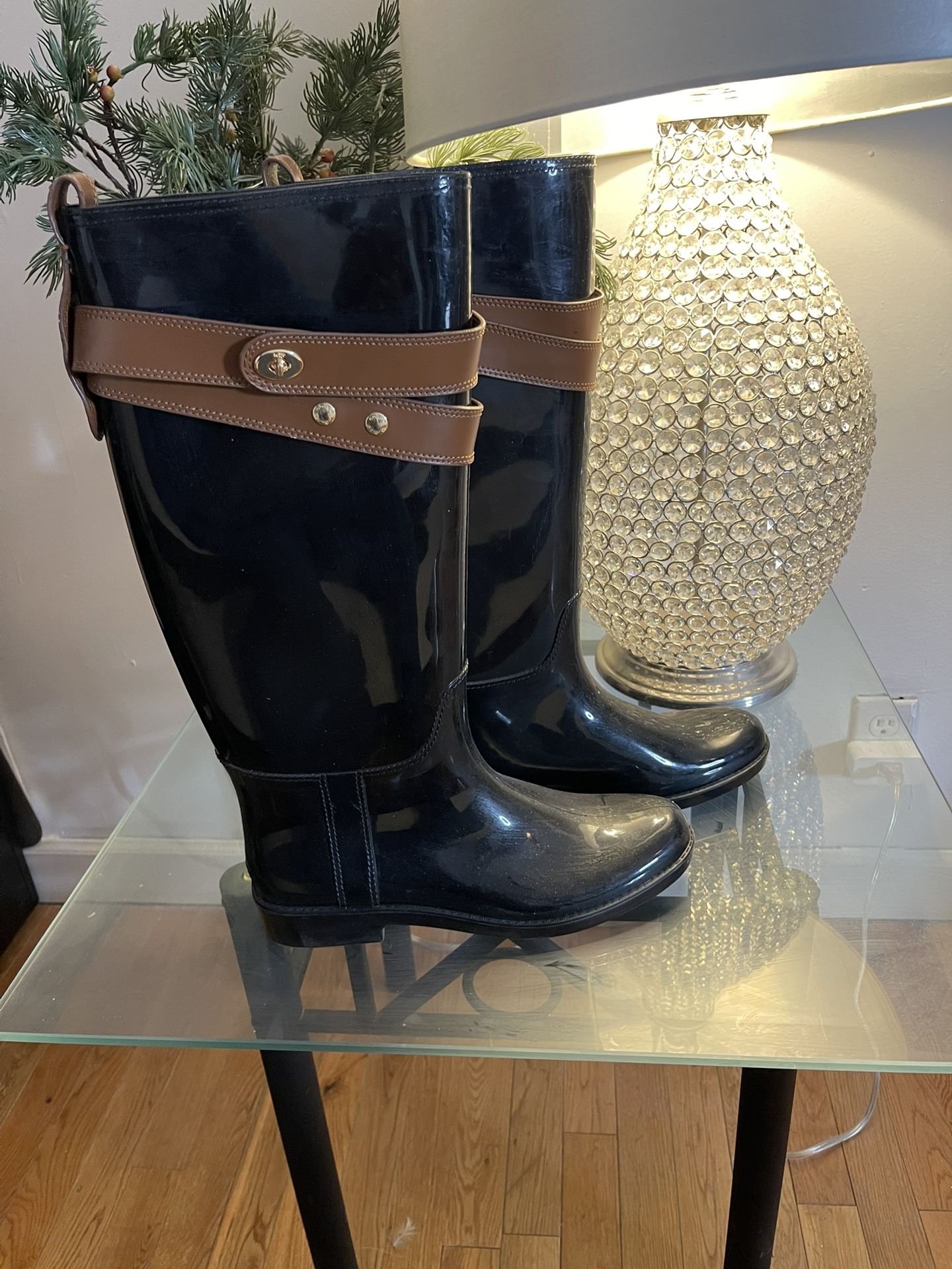 COACH Black Leather Trim Tall Rain Boots.