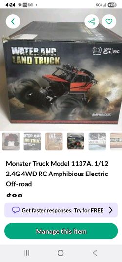 Monster Truck Model 1137A. 1/12 2.4G 4WD RC Amphibious Electric Off-road