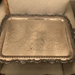 Vintage Regal Silver China Serving Tray W/ Handles, Butler Tray, 25th Anniversary ~ 22.5”