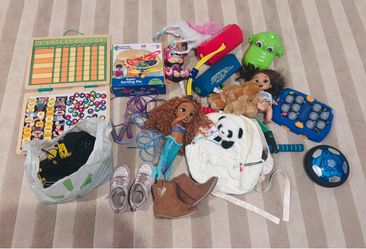 Kids toys and two pairs of girl shoes size 10c and 11c